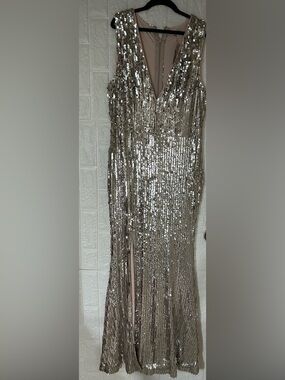 Fashion Nova Gold Sequin Maxi Gown with V-Neck